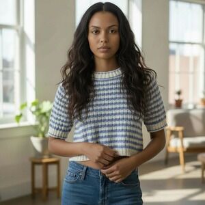 RIHOAS Blue White Stripe Knit Cropped Sweater Short Sleeve Women's Size M